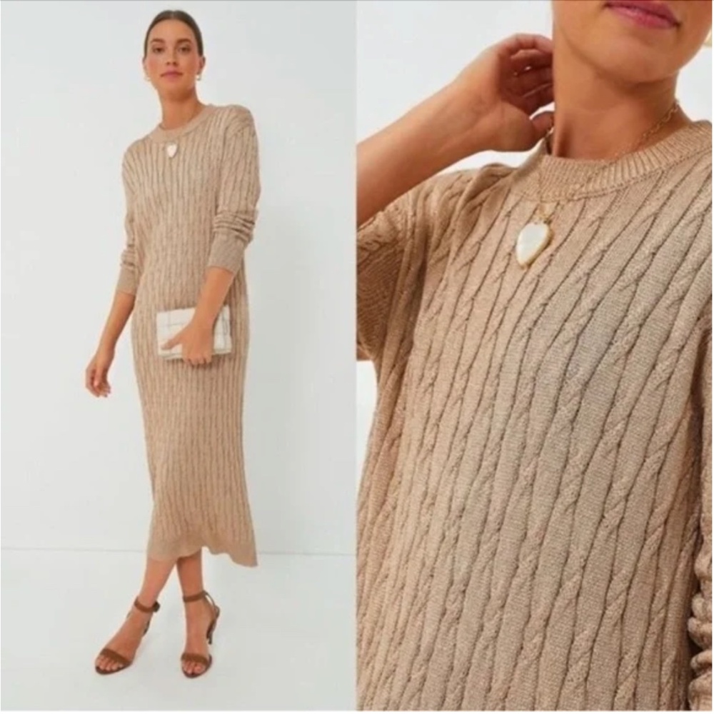 NWT Tuckernuck Gold Metallic Cable Knit Long Sleeve Midi Sweater Dress, Size M